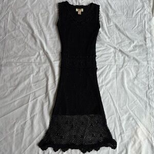 Vintage Kroshetta by Papillion Black Crochet Layered Midi Maxi Long Dress